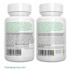 Two white supplement bottles shown side by side on a white background, displaying the back panels with green text, barcodes, and usage instructions. A blue text label at the bottom reads 'Packaging may vary'.