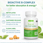 A bottle of Igennus Bioactive B-Complex dietary supplement shown on a clean white background with marketing text and leaf graphics. The white bottle has a green and white label, with a few orange tablets placed in front.