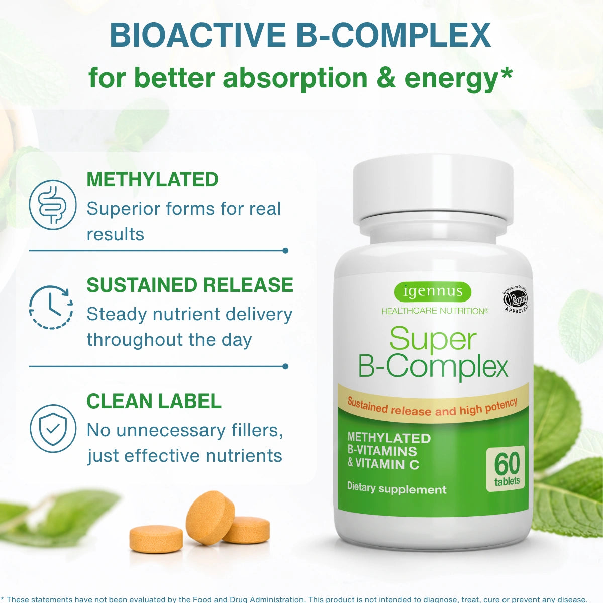 A bottle of Igennus Bioactive B-Complex dietary supplement shown on a clean white background with marketing text and leaf graphics. The white bottle has a green and white label, with a few orange tablets placed in front.