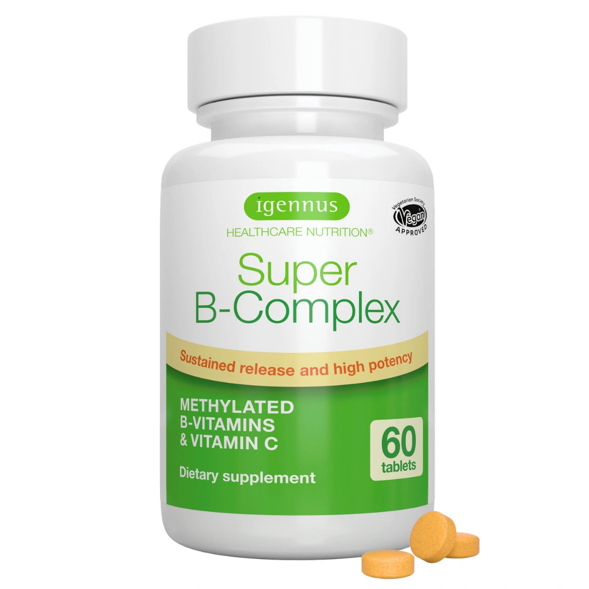 Supplement bottle labeled 'Super B-Complex' by Igennus on a white background