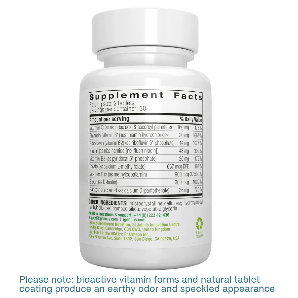 A white plastic bottle of dietary supplements with its label facing forward, showing a Supplement Facts panel. The label includes green text and a small logo near the bottom.