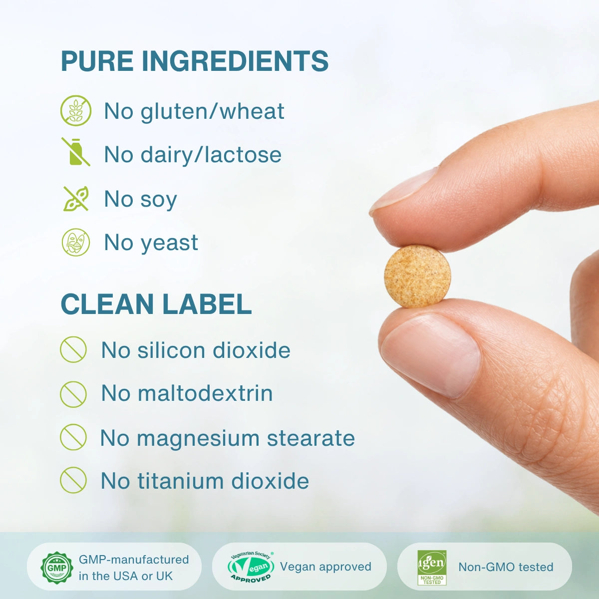 A close-up of a hand holding a small round beige supplement tablet against a soft light background, with text listing pure ingredients and clean label claims such as no gluten, wheat, dairy, lactose, soy, yeast, silicon dioxide, maltodextrin, magnesium stearate, and titanium dioxide. GMP, vegan approved, and non-GMO badges appear along the bottom.