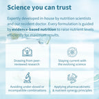 Text on a blue background about evidence-based nutrition and in-house development by nutrition scientists and a resident doctor.