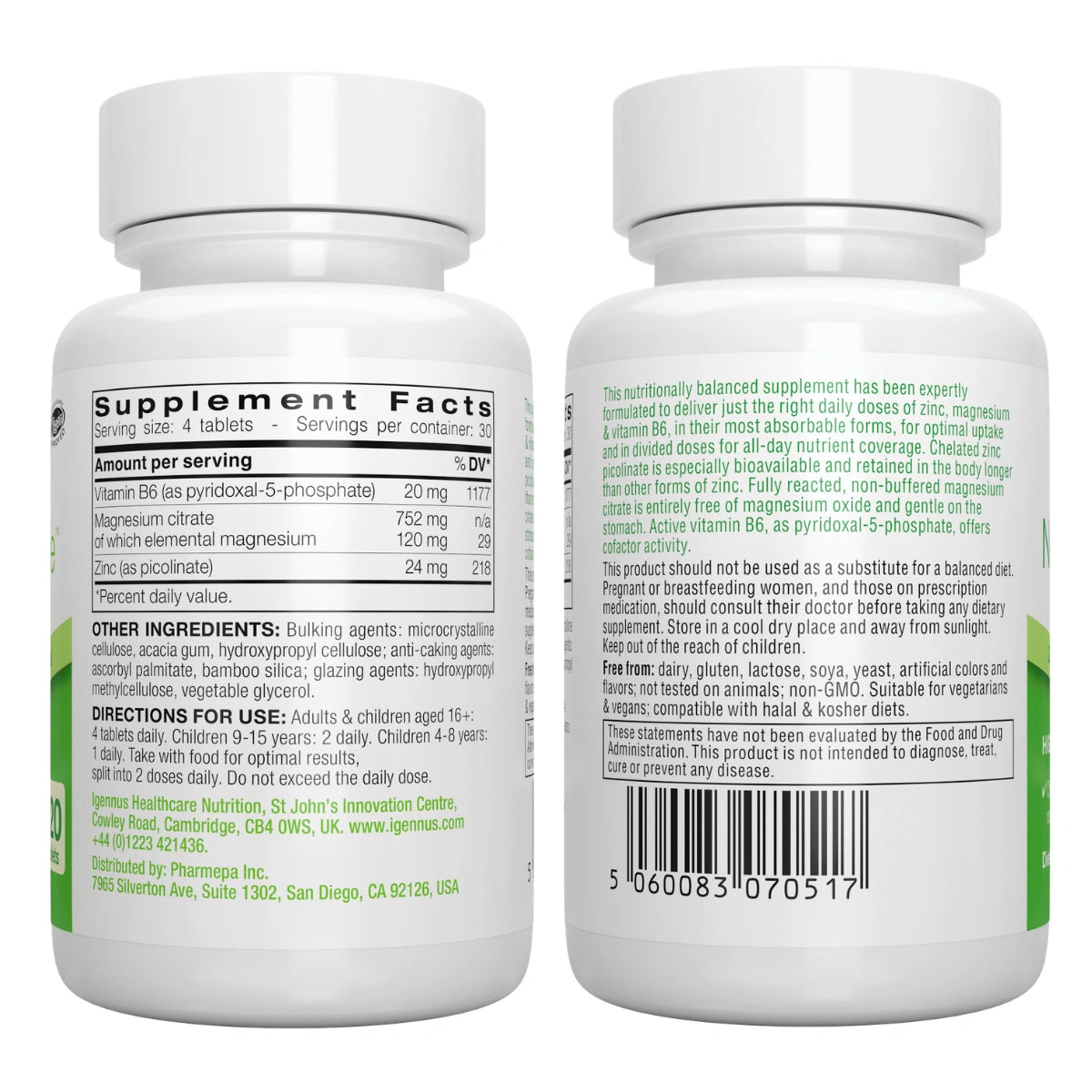 Two white bottles of a dietary supplement shown from the back, displaying the Supplement Facts label with green text and a barcode on a clean white background.