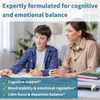 Woman and child sitting together, possibly studying or working on a project, with text about cognitive and emotional balance.