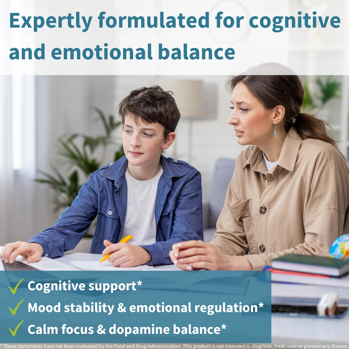 Woman and child sitting together, possibly studying or working on a project, with text about cognitive and emotional balance.