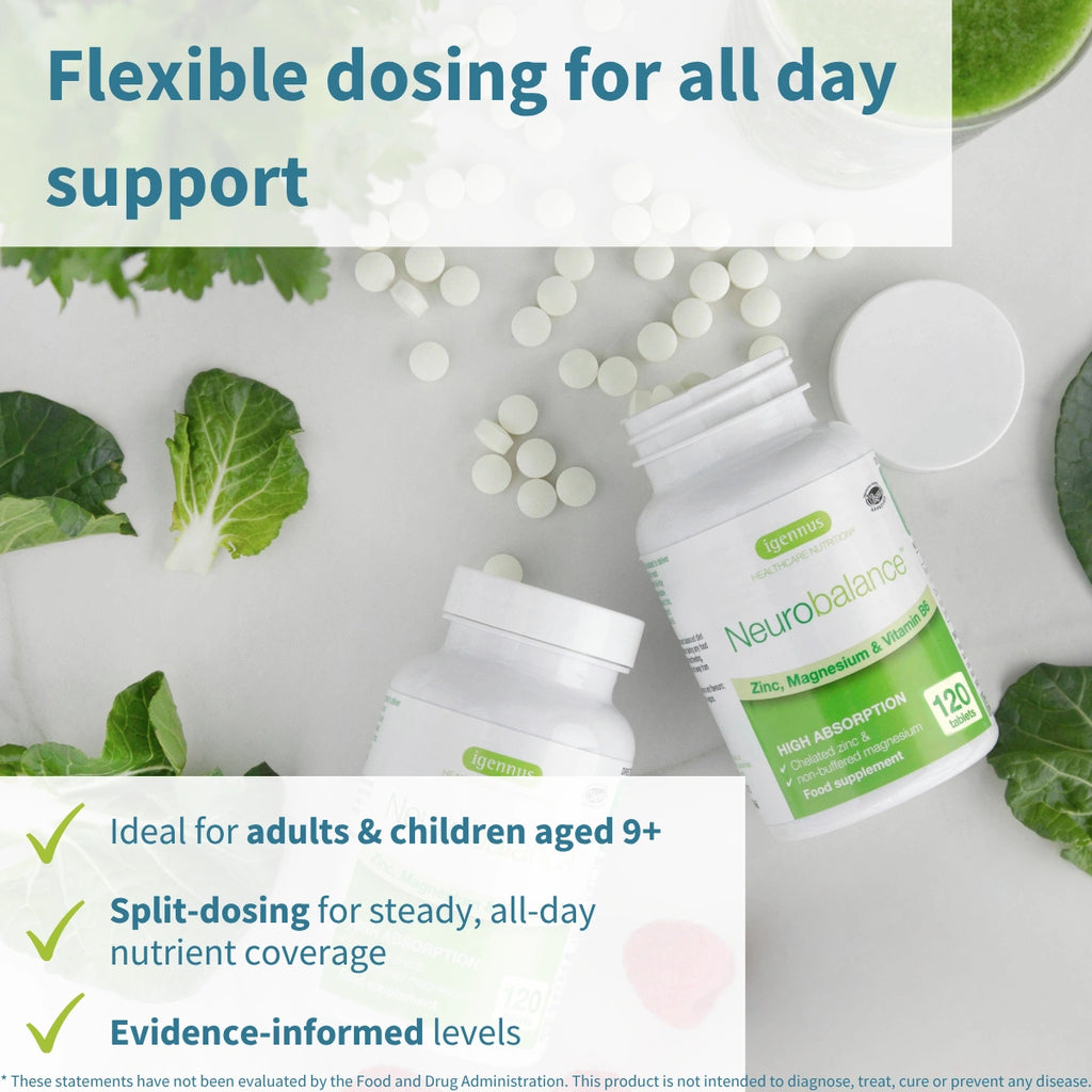 Neurobalance supplement bottles with text about flexible dosing on a light background with green leaves.