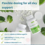 Neurobalance supplement bottles with text about flexible dosing on a light background with green leaves.