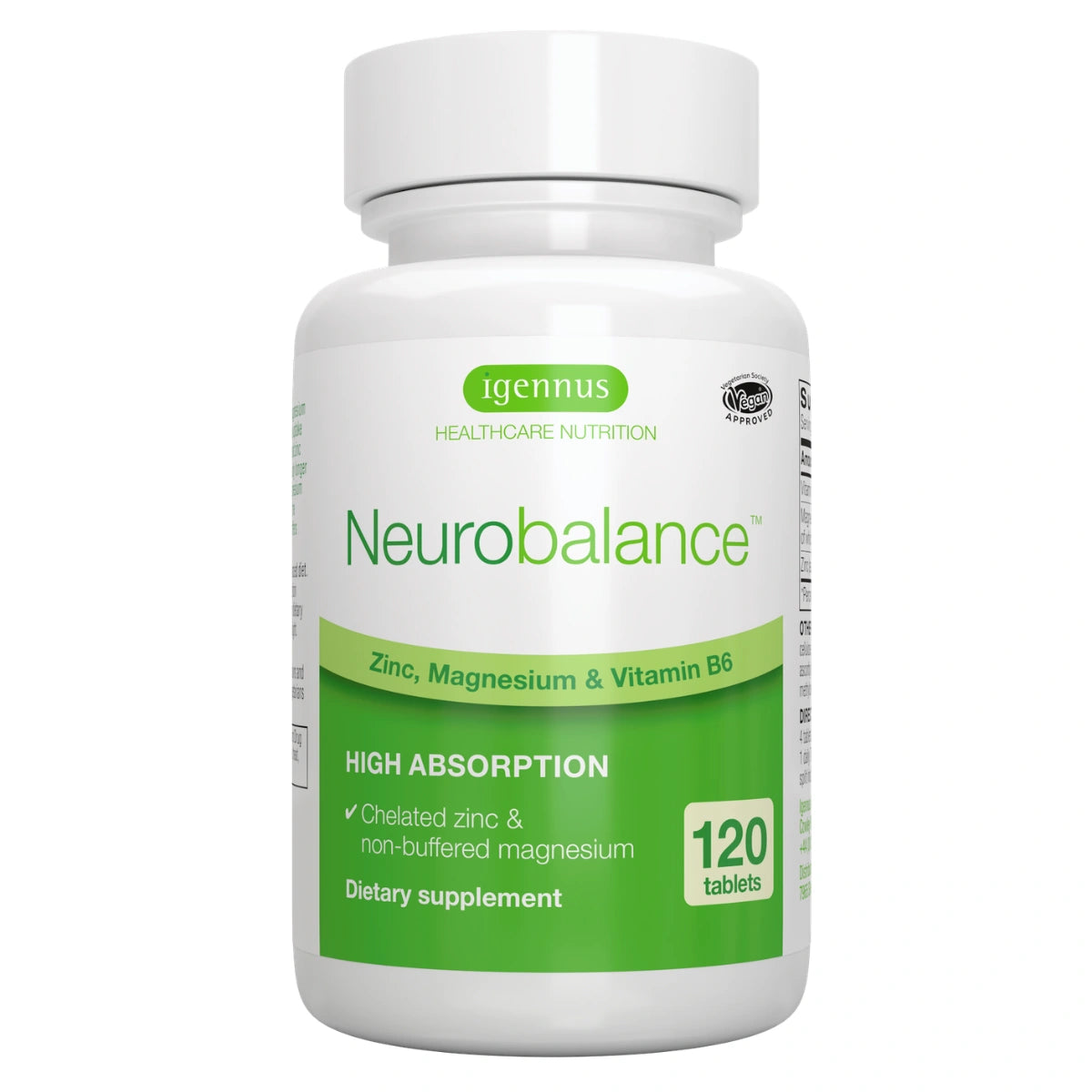 A white plastic bottle of Igennus Neurobalance dietary supplement with a green and white label, containing 120 tablets.