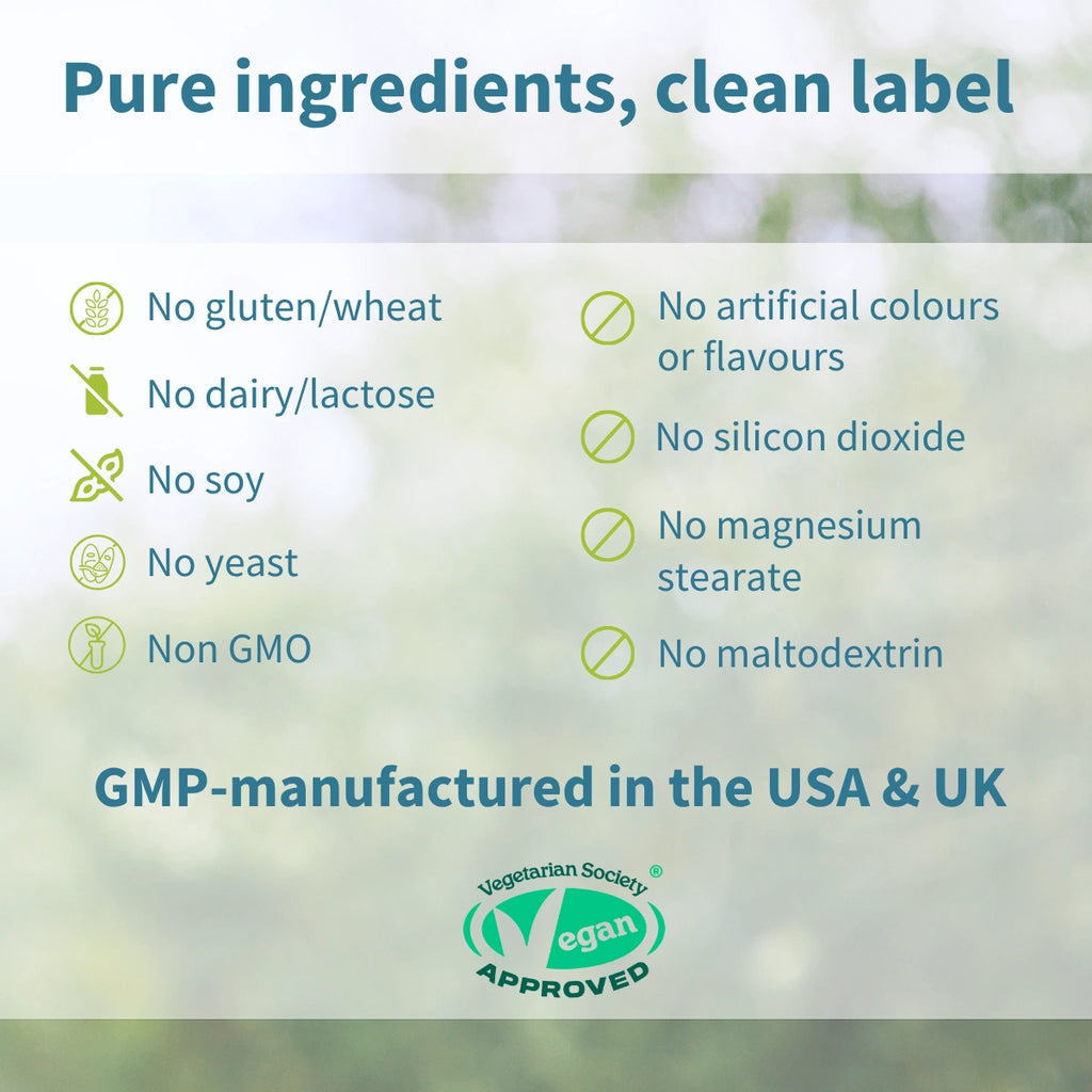 List of pure ingredients and certification details on a green background