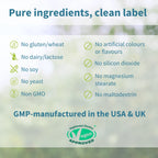 List of pure ingredients and certification details on a green background