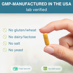 A hand holds a single yellow capsule pill against a light background, with promotional text reading 'GMP-MANUFACTURED IN THE USA lab verified' and bullet points stating no gluten/wheat, dairy/lactose, salt, or yeast. Small certification badges appear at the bottom.