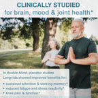 Two people practicing yoga outdoors with text about clinical studies for brain, mood, and joint health.