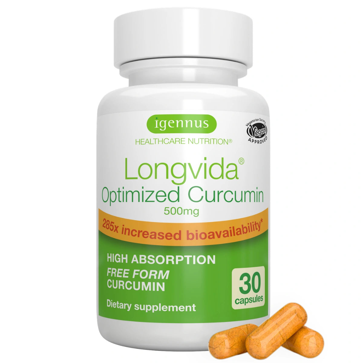 Supplement bottle labeled 'Longvida Optimized Curcumin' with capsules on a white background
