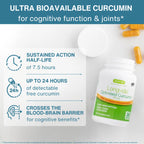 Longvida Optimised Curcumin dietary supplement bottle with a white cap, shown alongside informational text highlighting sustained action, up to 24 hours of detectable free curcumin, and blood-brain barrier crossing. Orange capsules are scattered around on a white background.