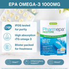 Iggenus Pharmepa Restore EPA Omega-3 1000mg dietary supplement packaging and blister pack shown on a clean white background with informational text and icons.