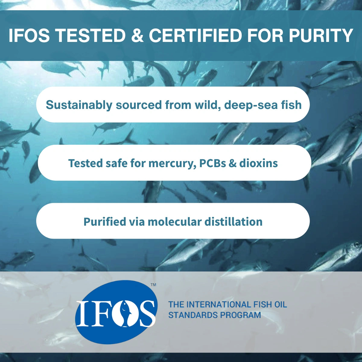 Advertisement for IFOS-tested fish oil with underwater scene and certification details.