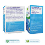 Blue and white packaging boxes for Pharma Restore Advanced Fast-Acting Omega 3 Nutrition, shown from three angles on a white background with GMP and non-GMO badges.