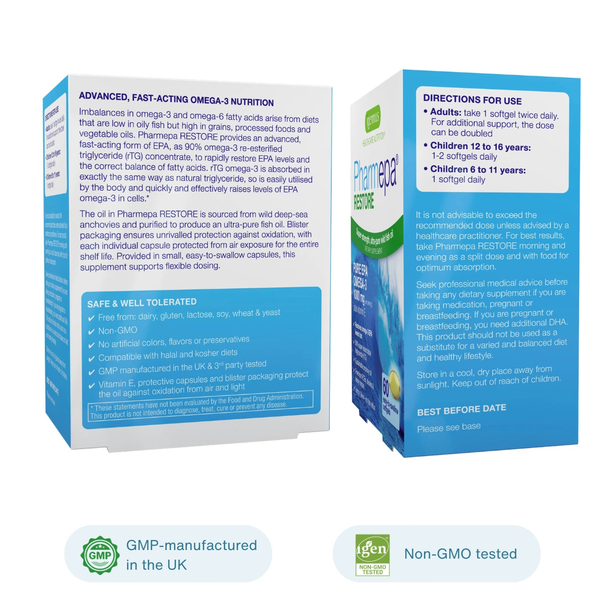 Blue and white packaging boxes for Pharma Restore Advanced Fast-Acting Omega 3 Nutrition, shown from three angles on a white background with GMP and non-GMO badges.