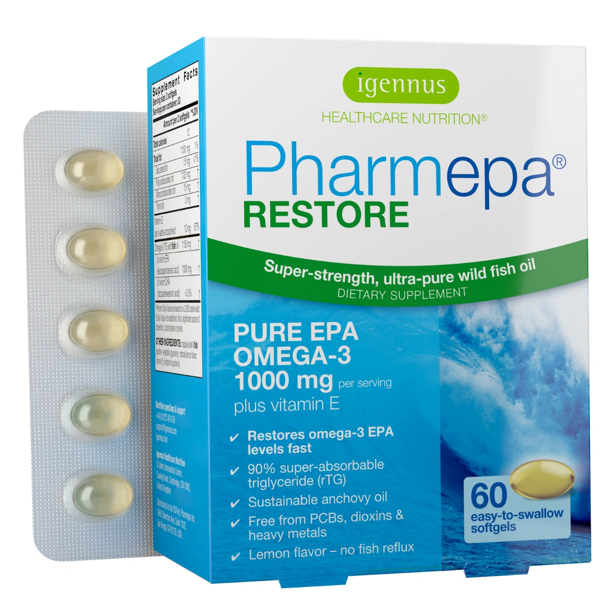 Box of Pharmepa Restore dietary supplement with capsules on a white background