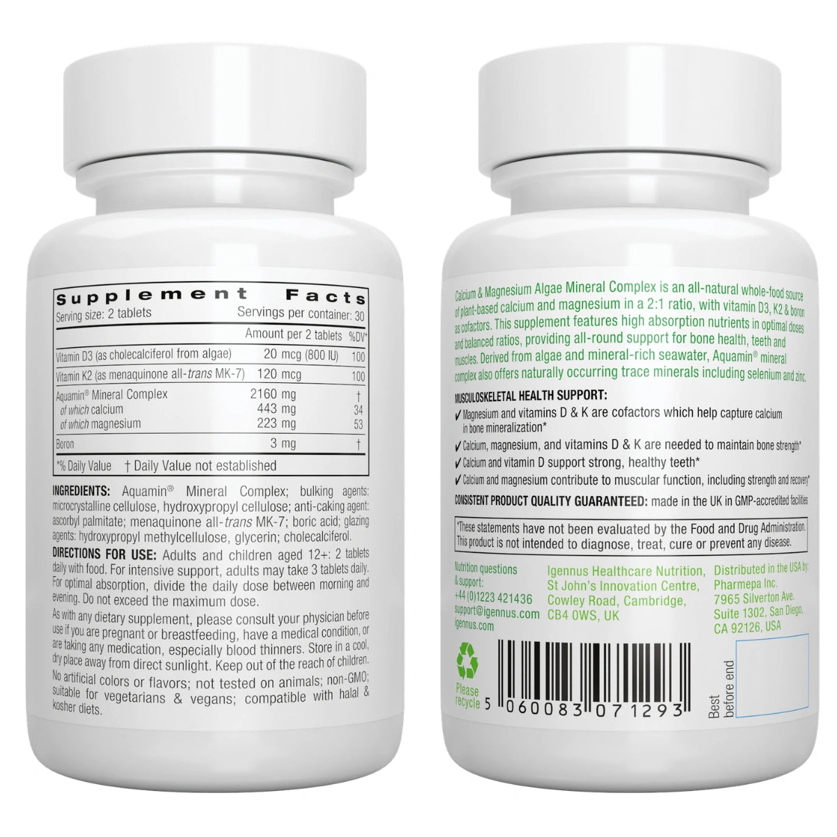 Two white bottles of Aquaporin Mineral Complex shown side by side, displaying the front and back supplement labels on a clean white background.