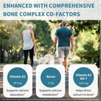 Two people walking a dog with health supplement information overlaid on a natural background