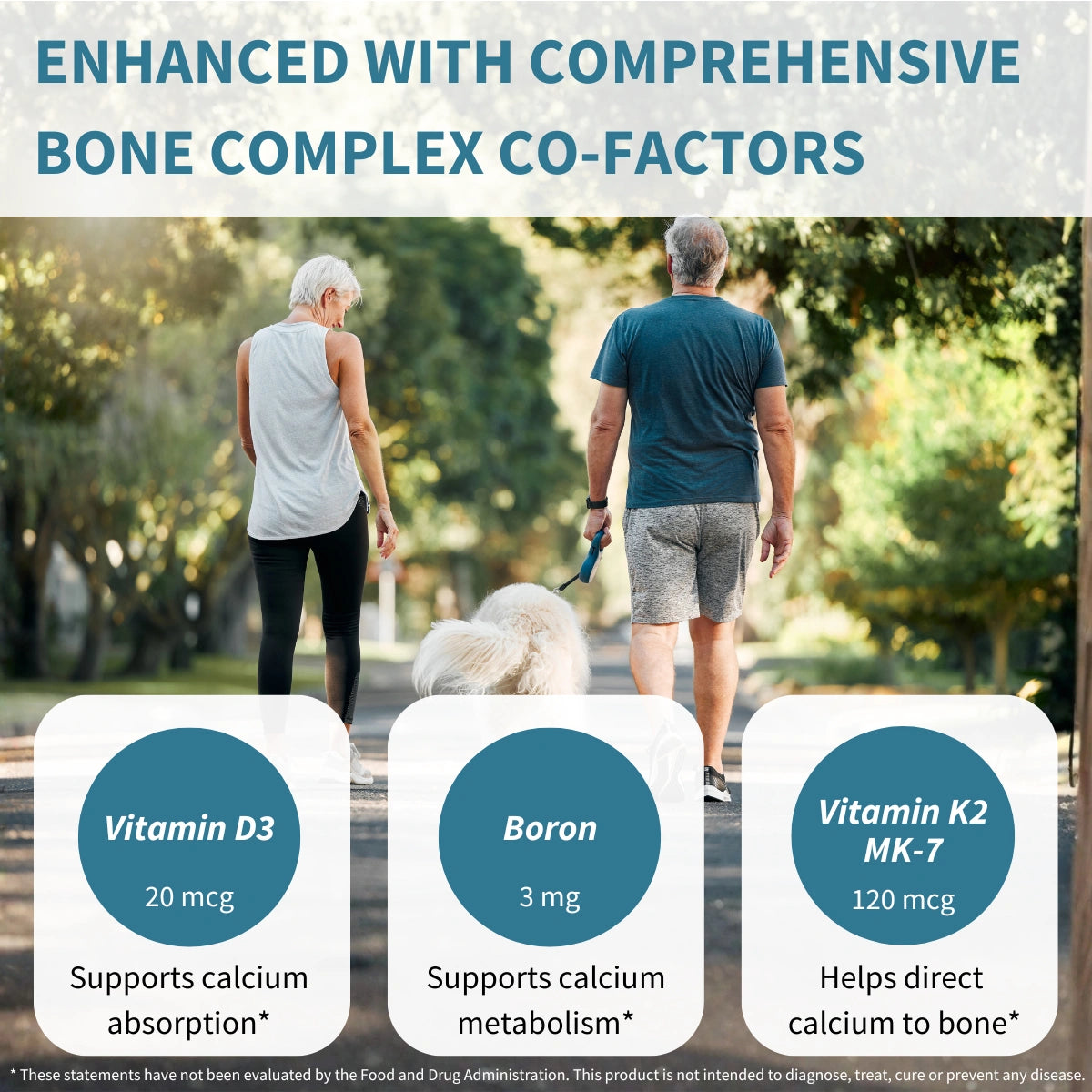 Two people walking a dog with health supplement information overlaid on a natural background