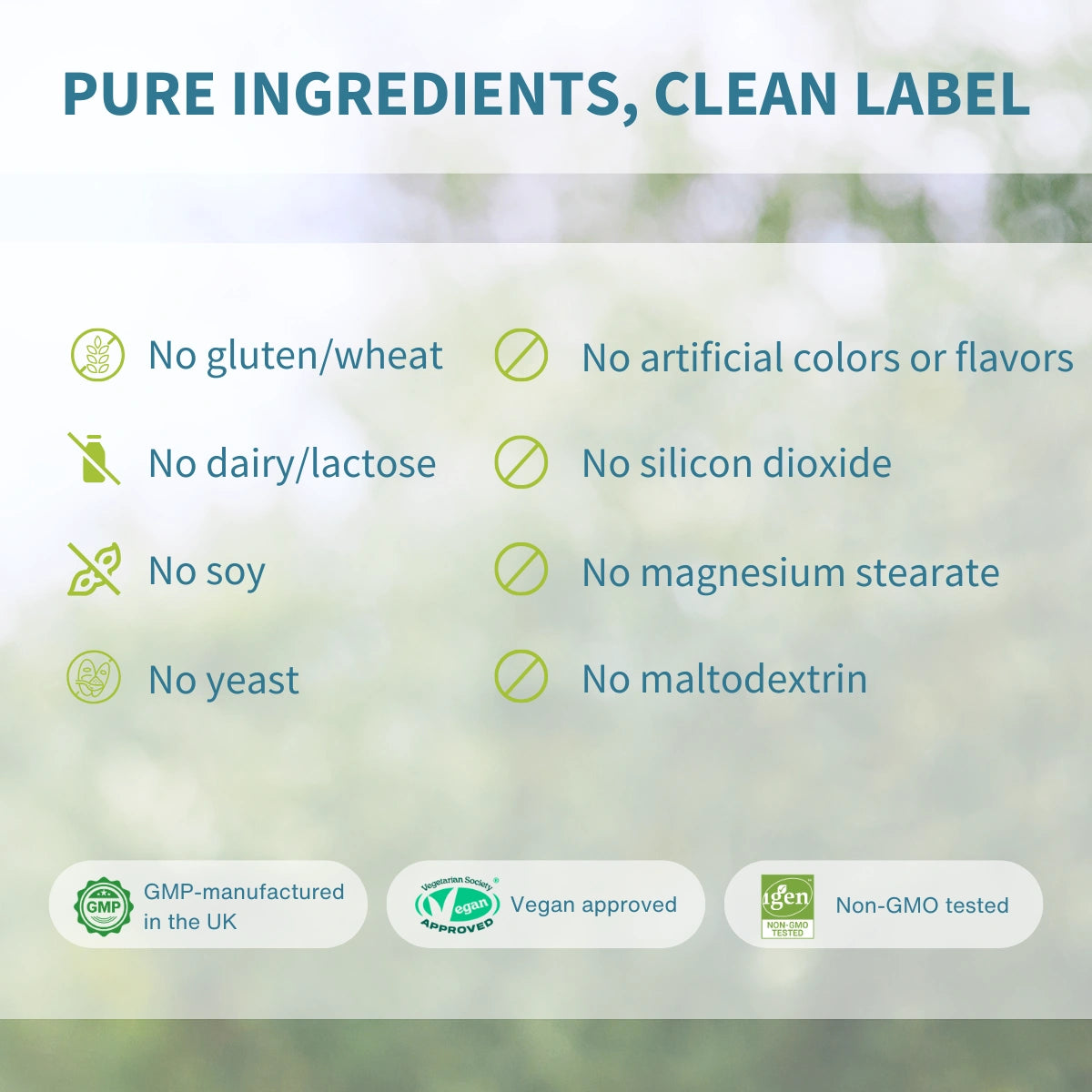 A clean informational graphic with the headline 'PURE INGREDIENTS, CLEAN LABEL' above a list of excluded ingredients: no gluten/wheat, no artificial colors or flavors, no dairy/lactose, no soy, no yeast, and no maltodextrin. Three certification-style badges at the bottom read GMP-manufactured in the UK, Vegan approved, and Non-GMO tested, on a soft blurred green background.