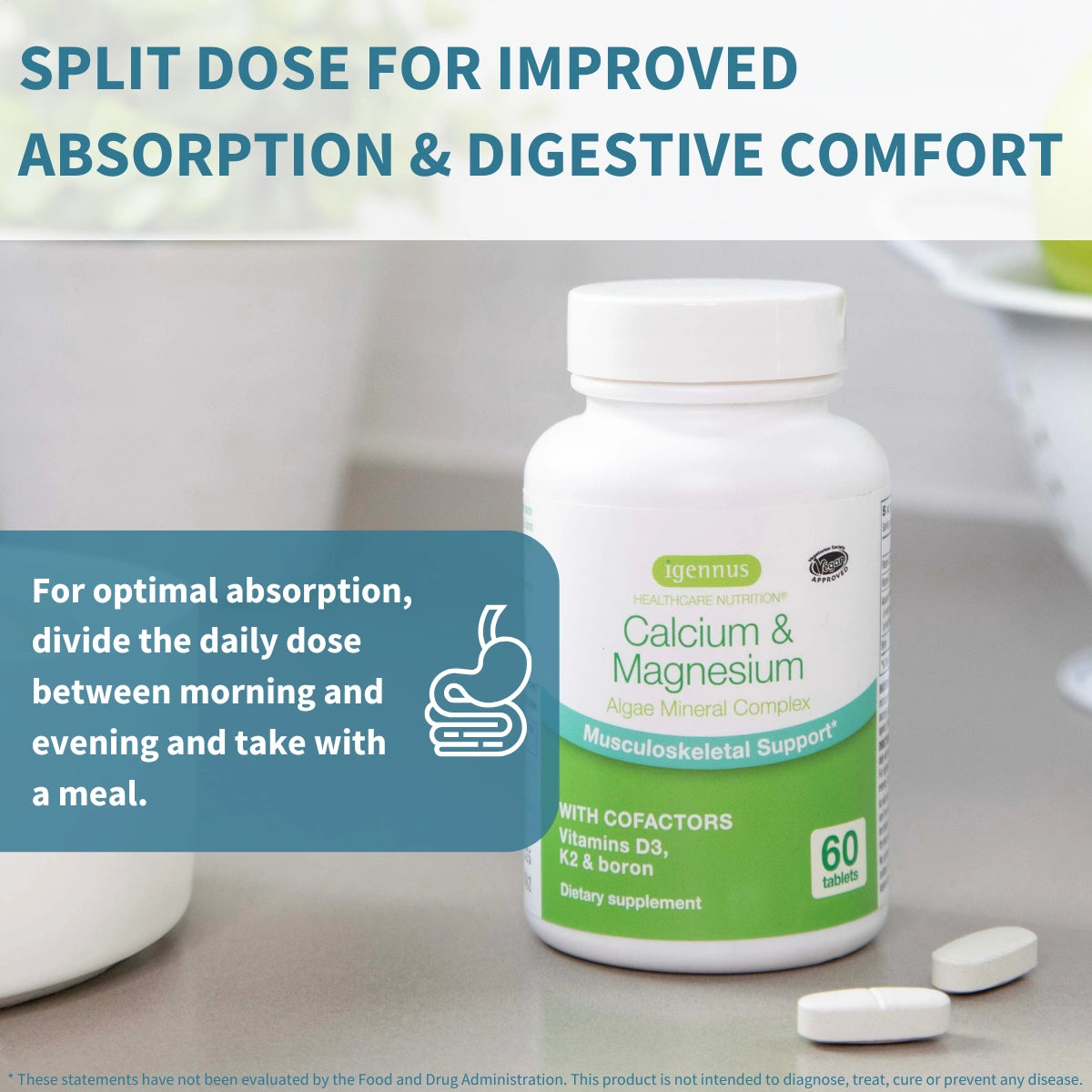 Supplement bottle labeled 'Calcium & Magnesium' with text on absorption and digestive comfort.