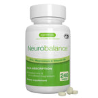 A white plastic bottle of Igennus Neurobalance dietary supplement with a green and white label, shown on a white background with three tablets in front.