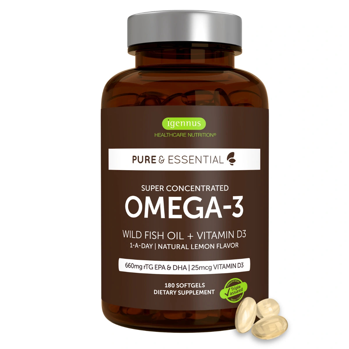 Omega-3 supplement bottle with label on a white background