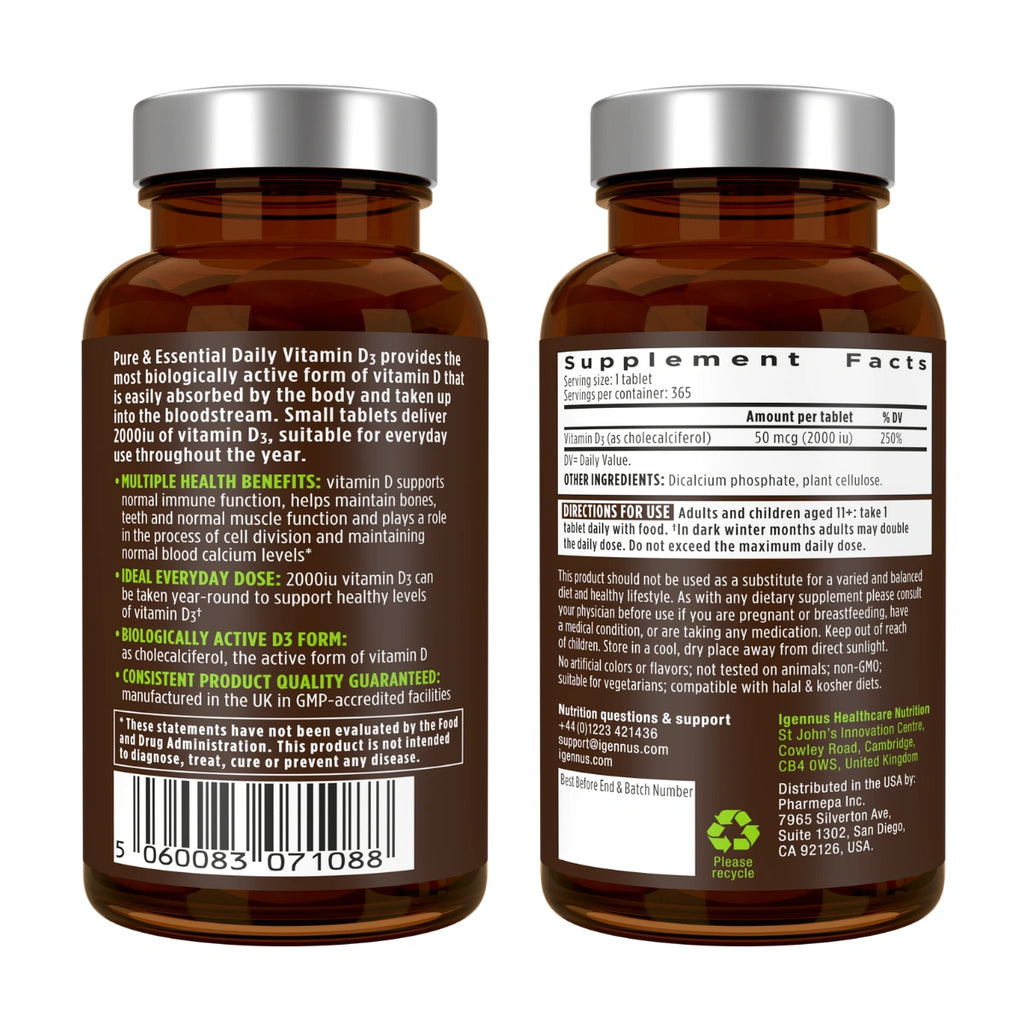 Two amber brown supplement bottles shown side by side, displaying the back and front labels of a Vitamin D3 product. The bottles have gray ribbed caps and are photographed against a clean white background.