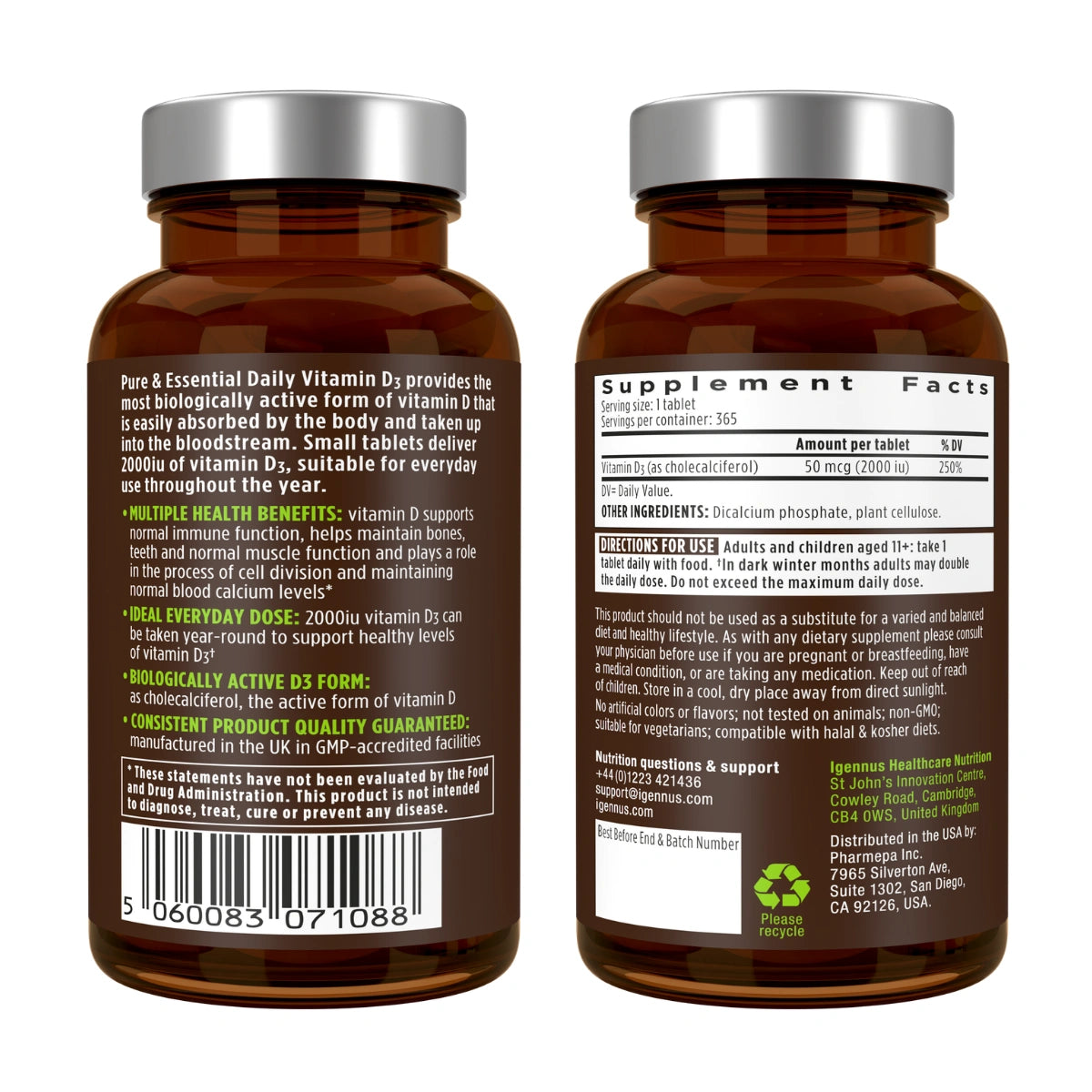 Two amber brown supplement bottles shown side by side, displaying the back and front labels of a Vitamin D3 product. The bottles have gray ribbed caps and are photographed against a clean white background.