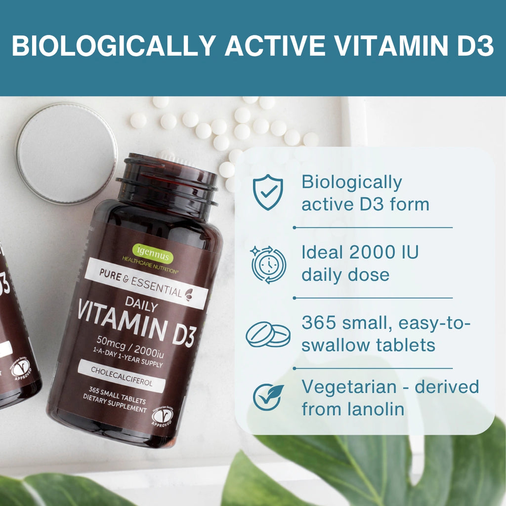 A bottle of VITAGEN Pure & Essential Daily Vitamin D3 dietary supplement shown on a light background with text callouts about biologically active D3 form, 2000 IU daily dose, 365 small easy-to-swallow tablets, and vegetarian origin. Other bottles and loose tablets are partially visible.