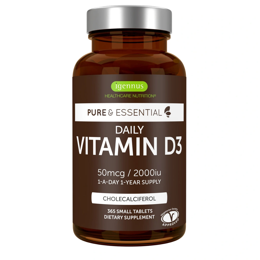 A bottle of Igennus Healthcare Nutrition Daily Vitamin D3 dietary supplement, containing 365 small tablets. The product is in an amber brown bottle with a silver cap and a dark brown label featuring white and green text.