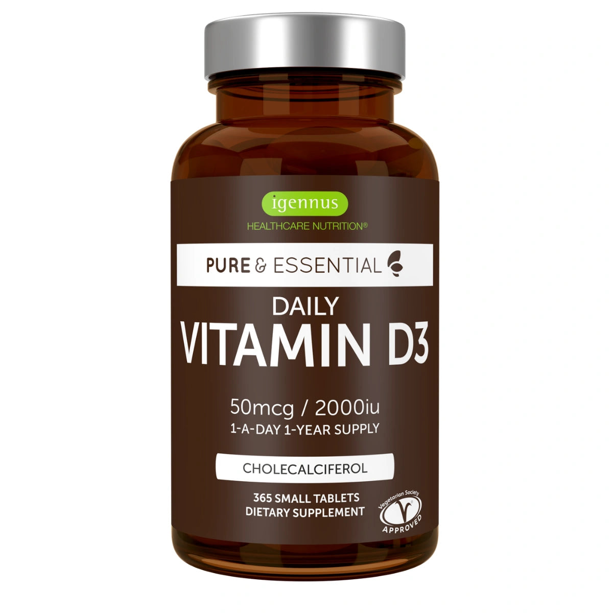 A bottle of Igennus Healthcare Nutrition Daily Vitamin D3 dietary supplement, containing 365 small tablets. The product is in an amber brown bottle with a silver cap and a dark brown label featuring white and green text.