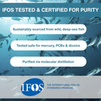 Advertisement for IFOS-tested fish oil with underwater scene and certification details.