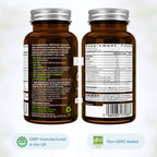 Two amber supplement bottles shown side by side on a white background, with the front label of the left bottle and the Supplement Facts panel of the right bottle visible. Green badges at the bottom read GMP-manufactured in the UK and Non-GMO tested, with the IgEN logo.