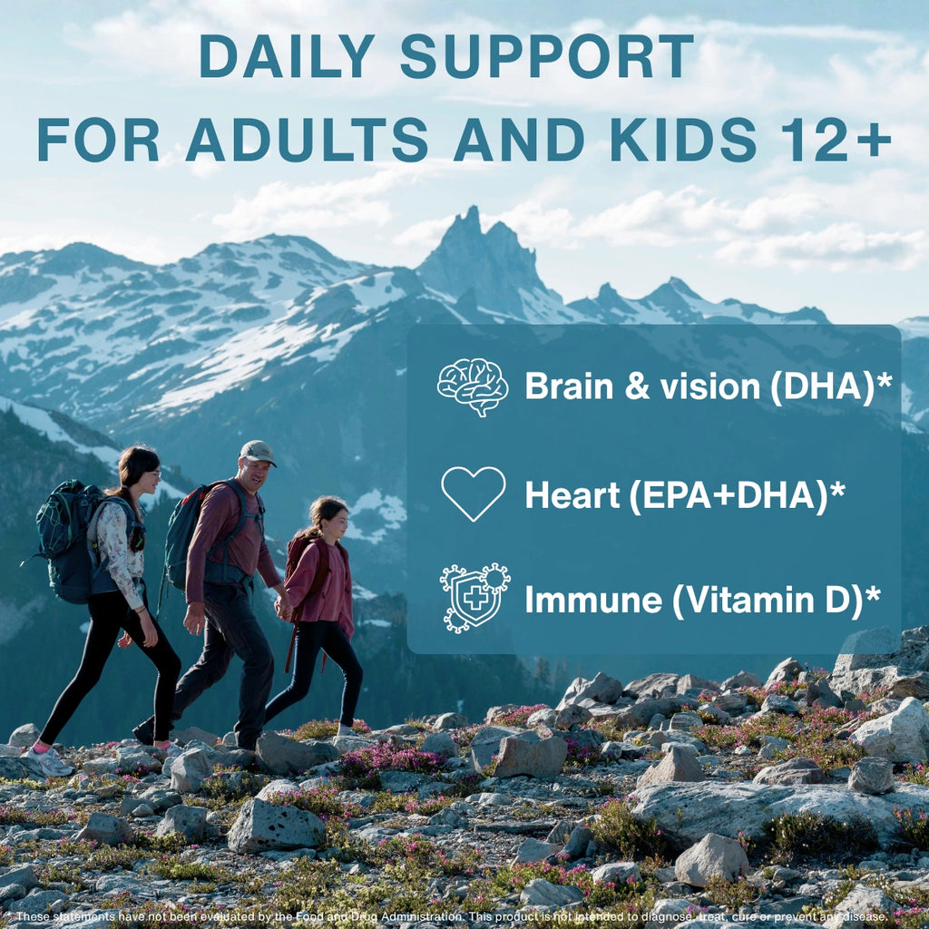 A promotional graphic with the text 'DAILY SUPPORT FOR ADULTS AND KIDS 12+' over a mountain hiking scene. Three people are walking on a rocky mountain path, and a translucent blue panel lists benefits: Brain & vision (DHA), Heart (EPA+DHA), and Immune (Vitamin D).