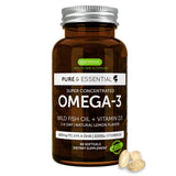 Omega-3 supplement bottle with pills on a white background