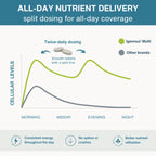 An infographic comparing the all-day nutrient delivery profile of Igennus' Multi split dosing versus other brands. The chart shows a green curve representing Igennus' Multi with a peak in the morning and evening, and a gray curve for other brands peaking in the midday.