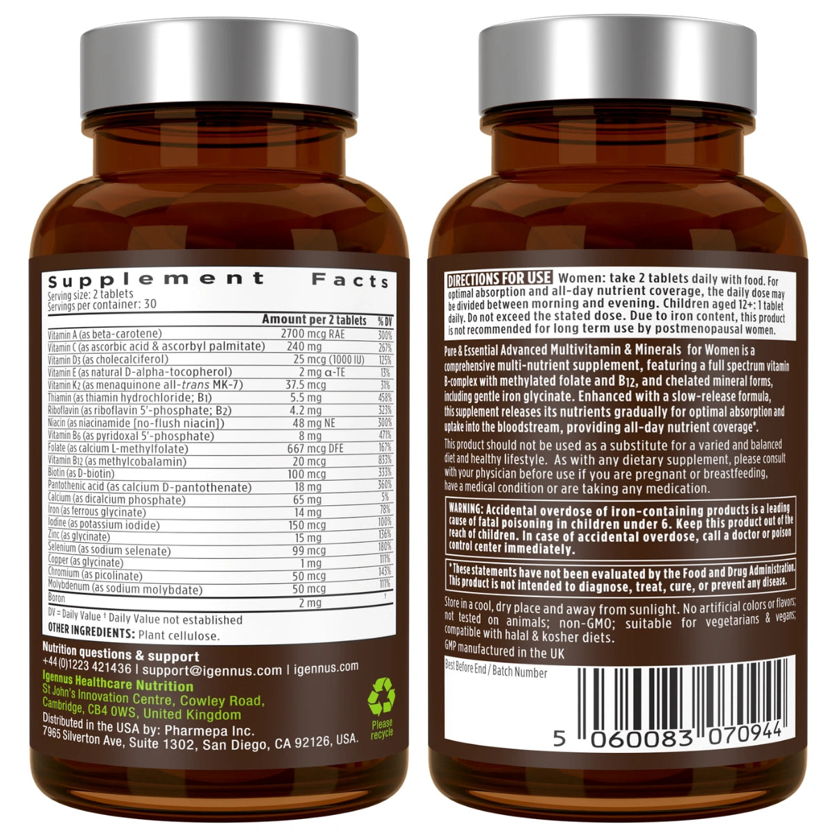 Two brown supplement bottles with labels showing supplement facts and instructions.