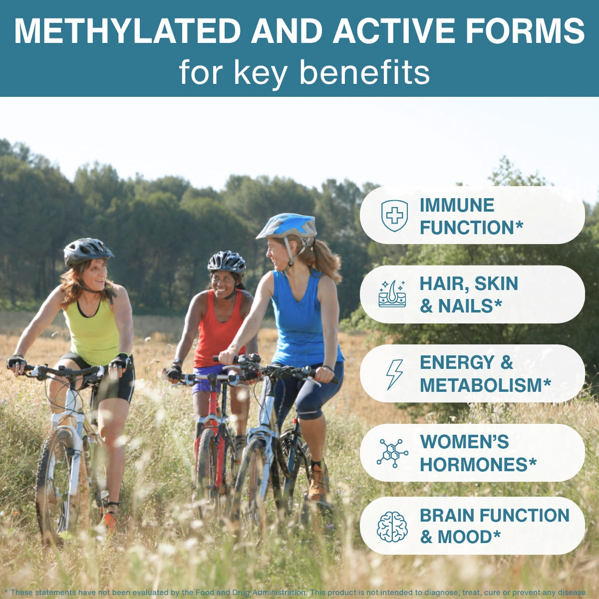 Promotional graphic with the text 'METHYLATED AND ACTIVE FORMS for key benefits' above a photo of three women riding bicycles outdoors. On the right, white rounded callout bubbles list benefits: immune function, hair/skin/nails, energy & metabolism, women's hormones, and brain function & mood.