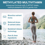 Methylated Multivitamin promotional graphic with a woman standing on a rocky lakeshore facing mountains, alongside text highlighting bioactive nutrient forms, balanced doses, sustained release technology, and pure ingredients.