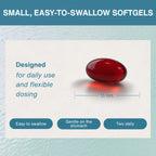 A red translucent softgel capsule shown on a light background with marketing text reading 'SMALL, EASY-TO-SWALLOW SOFTGELS' and 'Designed for daily use and flexible dosing.' The capsule is labeled 15 mm in width, with three teal callouts stating 'Easy to swallow,' 'Gentle on the stomach,' and 'Two daily.