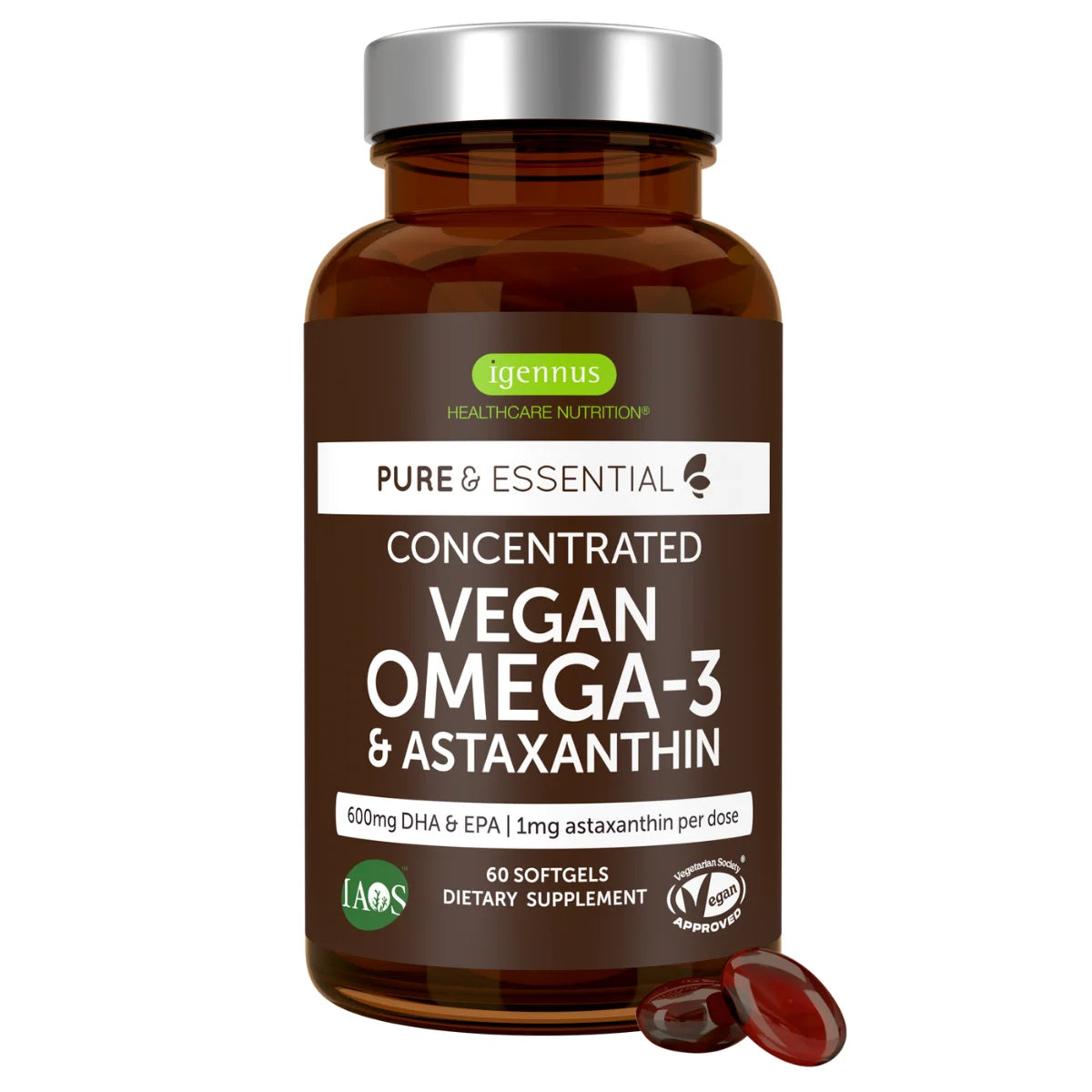 An amber brown bottle of Igennus Pure & Essential Concentrated Vegan Omega-3 & Astaxanthin dietary supplement with a silver cap, shown on a white background with two softgel capsules in front.