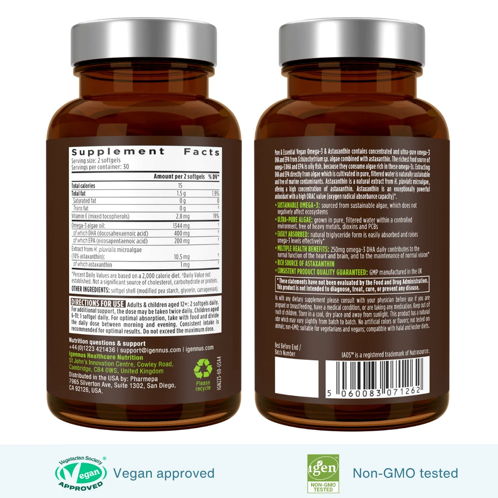 Two amber supplement bottles shown side by side, displaying the back labels of the same product. The bottles have gray ribbed caps and are photographed on a white background with green and blue certification badges at the bottom.