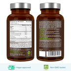 Two amber supplement bottles shown side by side, displaying the back labels of the same product. The bottles have gray ribbed caps and are photographed on a white background with green and blue certification badges at the bottom.