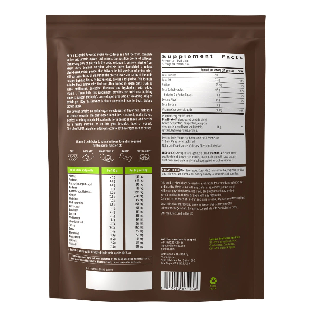 Supplement package with nutritional information on a white background