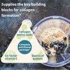 Collagen supplement with berries and a label highlighting its benefits on a dark background